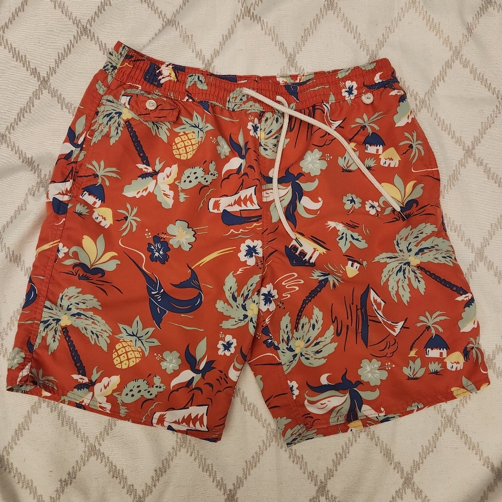 Polo Ralph Lauren Orange Tropical Print Swim‎ Trunks Large Quick Dry EUC Mesh